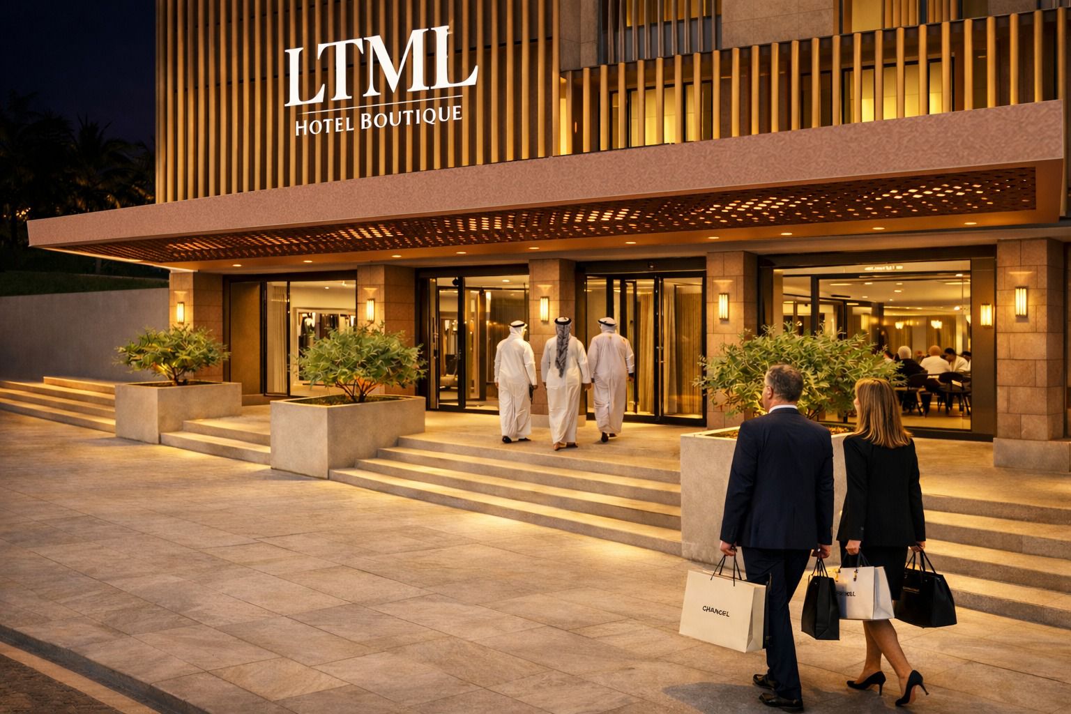Illustrative hotel entrance design concept with guests arriving beneath a lit canopy