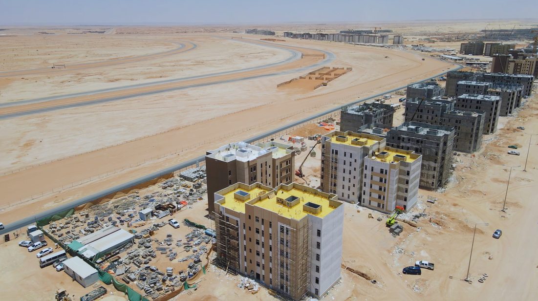 Aerial view of the Al Fursan project in Riyadh, showing completed and in-progress multistory residential buildings